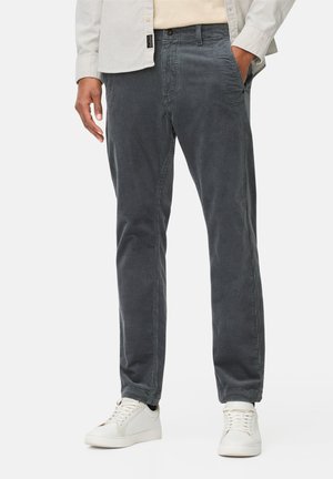 Gray corduroy pants with a straight fit, featuring a classic waistband, side pockets, and subtle vertical ribbing texture.