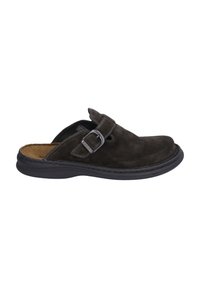 Dark brown suede slip-on shoe with a rounded toe, an adjustable buckle, and stitched detailing on a black rubber sole.