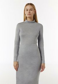 Grijze jurk met lange mouwen, een hoge kraag en een aansluitende silhouet. Gladde textuur, knielange ontwerp en minimale details.