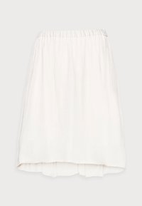 Jupe blanche mi-longue avec taille élastique et tissu doux et fluide sur un fond uni.