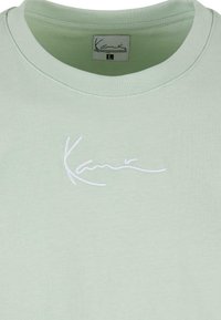 Jasnozielona koszulka z okrągłym dekoltem i krótkimi rękawami. Posiada białe haftowane logo w stylu kursywy z przodu.