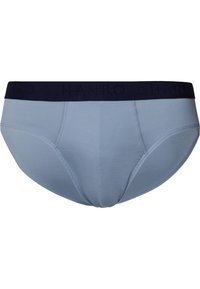 Slip in cotone azzurro chiaro con cintura elasticizzata blu marina che presenta il nome del marchio in rilievo. Texture liscia e forma sagomata per un supporto ottimale.