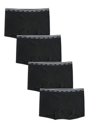 Vier schwarze Herren-Boxershorts mit elastischem Bund und "NEXT"-Markenaufdruck in weißem Text.