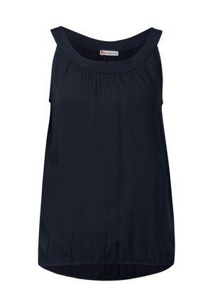 Laivastonsininen hihaton toppi, jossa on leveä kaula-aukko, rypytetty yksityskohtaus edessä ja löysä istuvuus, valmistettu pehmeästä kankaasta.