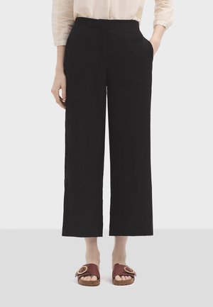 Black wide-leg pants with a streamlined silhouette, made of lightweight fabric, featuring side pockets and a smooth waistband.