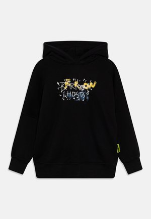 Felpa nera con cappuccio e tasca frontale. Presenta un testo grafico festivo multicolore "Barrow Ghosts" in giallo e blu.