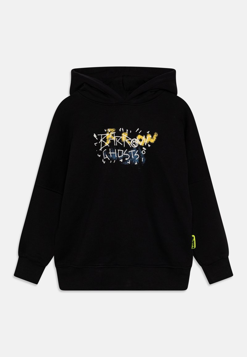 Felpa nera con cappuccio e tasca frontale. Presenta un testo grafico festivo multicolore "Barrow Ghosts" in giallo e blu.