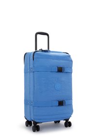 Blue rolling suitcase featuring a textured fabric, dual zippers, adjustable straps, and four black wheels for easy mobility.