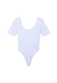 Body bianco a maniche corte con scollatura, dotato di chiusura frontale a bottoni e fondo a culotte. Tessuto morbido ed elastico.