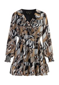 Schwarz-weiß gemustertes Kleid mit Rüschkragen, elastischem Taillenbund, langen Ärmeln und mehrlagigem Rock mit goldenen Kettenakzenten.