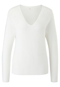 Pull blanc à col en V à manches longues en maille, coupe mince et texture subtilement côtelée, sans motifs ni ornements supplémentaires.