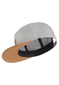 Gray fabric cap with a brown suede brim, featuring a black interior lining and a tan label detail on the side.