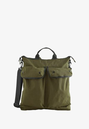 Kaki zelená plátěná taška se strukturovaným tvarem, horními rukojetmi, nastavitelným ramenním popruhem, dvěma předními kapsami na patentky a zipovým uzávěrem.