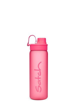 Pink reusable water bottle with a screw-on cap, carrying loop, and "Satch" logo printed vertically on the body.