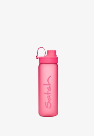 Pink reusable water bottle with a screw-on cap, carrying loop, and "Satch" logo printed vertically on the body.