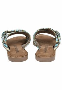 Sandali piatti con una soletta marrone testurizzata e una fascetta intrecciata caratterizzata da motivi a zigzag blu, verde e beige. Inclusa una fibbia in metallo.