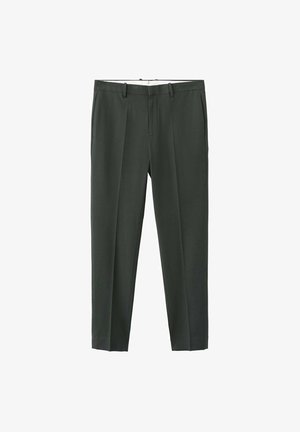 Formalne ciemnoszare spodnie z szlufkami na pasek, bocznymi kieszeniami, przodem z kantem oraz dopasowanym krojem o prostych nogawkach.