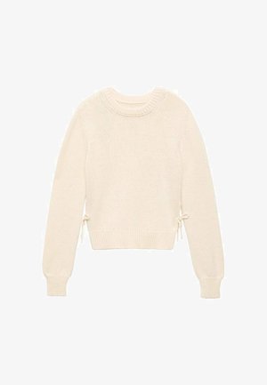 Cream-colored knitted sweater with long sleeves, ribbed cuffs, hem, neckline, and small side ties at the waist.