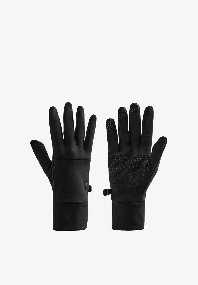 Paire de gants noirs avec des points d'adhérence sur la paume et les bouts des doigts, des poignets prolongés et de petites attaches latérales sur fond blanc.