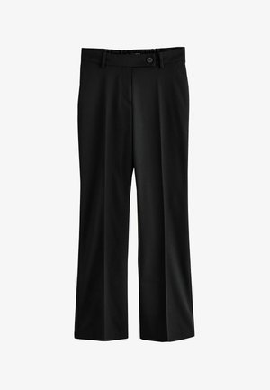 Black wide-leg trousers made of a smooth fabric, featuring a front button closure, belt loops, and a tailored fit throughout the legs.