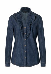 Camicia di denim con colletto a volant, color blu scuro, chiusura frontale con bottoni e dettagli cuciti sulle maniche e sul corpo. Texture liscia.