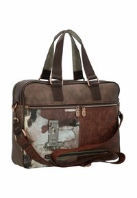 Braune synthetische Lederhandtasche mit doppelten oberen Griffen, verstellbarem Schultergurt und geprägten Mustern. Verfügt über ein farbenfrohes Grafikdesign auf der Vorderseite.