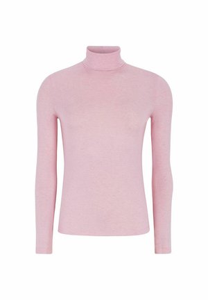 Lyserød turtleneck-top lavet af blødt stof, med lange ærmer og en tætsiddende design for en tætsiddende silhuet. Glat tekstur, ingen mønstre.