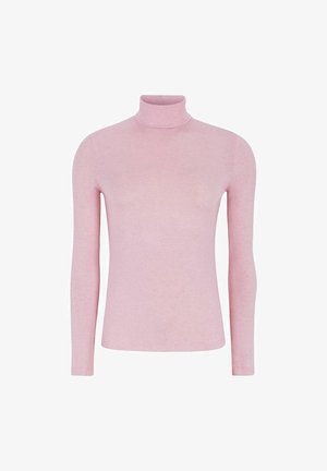 Pull en col roulé rose en tissu doux, doté de manches longues et d'un design ajusté pour une silhouette près du corps. Texture lisse, sans motifs.