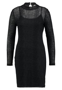 Svart genomskinlig långärmad bodycon-klänning med leopardmönster och hög halslinning med knappstängning på baksidan.