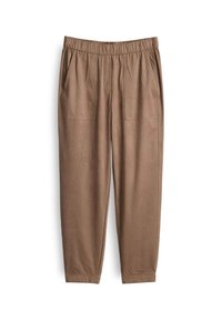 Pantalon marron à taille élastique avec poches plaquées à l’avant et jambes fuselées, présenté sur fond blanc.