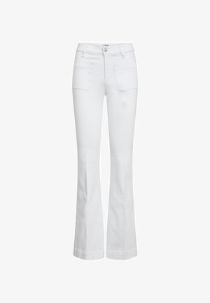 Bele flare jeans iz bombažne mešanice, z visokim pasom, dvema zadnjima žepoma in gumbom na sprednji strani. Gladka tekstura.