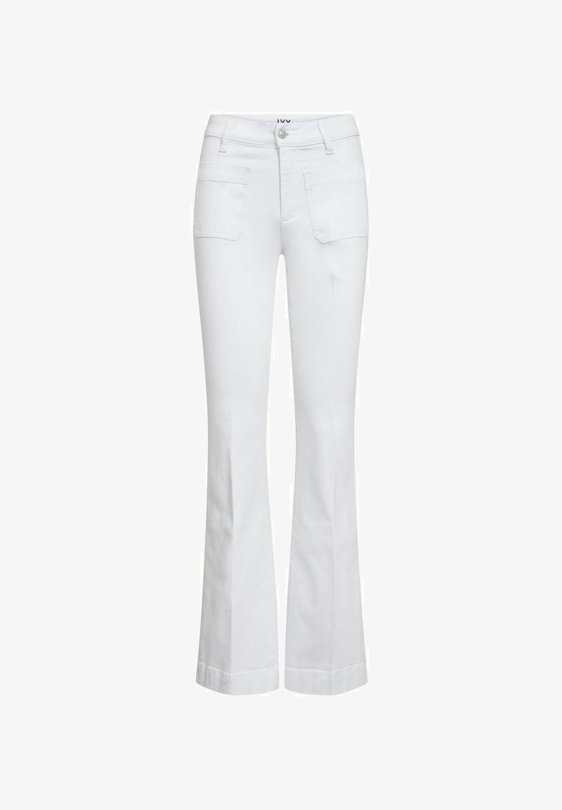 White flared jeans made of cotton blend, featuring a high waist, two back pockets, and a button closure at the front. Smooth texture.