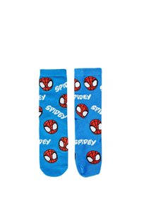 Calzini blu con un motivo ripetuto di volti rossi di Spider-Man e la parola "SPIDEY" in bianco. Realizzati in un materiale liscio e elasticizzato.