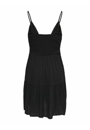 Mustmustarne kleit õhukeste reguleeritavate rihmadega, volditud rinnaosa ja mitmekihiline volangäär, valmistatud kergest kangast.