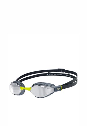 Lunettes de natation avec verres transparents, cadre en caoutchouc gris et sangle noire réglable avec un accent jaune. Design lisse et hydrodynamique.