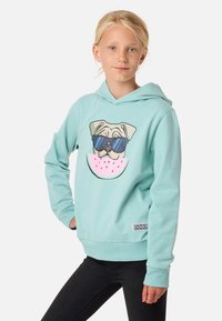 Felpa verde menta in cotone, caratterizzata da una grafica di un bulldog francese con occhiali da sole su uno sfondo di fetta di anguria. Polsini e orlo a coste.