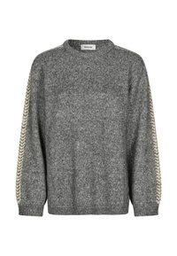 Gray knitted sweater with a round neckline. Features textured sleeves with a cream-colored braided design along the seam.