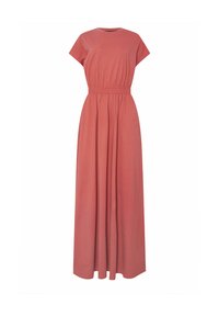 Robe maxi en tissu corail doux, manches courtes, encolure ronde, taille élastique et jupe fluide. Sans motifs ni embellissements.