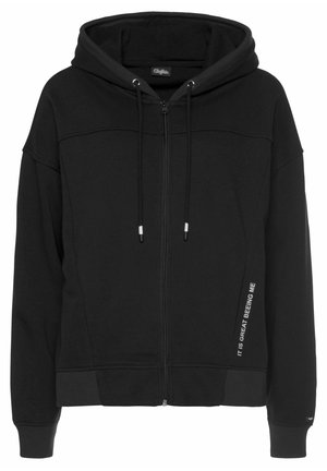 Black zip-up hoodie made of soft fabric, featuring a lined hood, drawstring, and text detail on the side. Includes ribbed cuffs and hem.