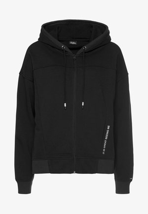 Schwarzer Zip-Hoodie aus weichem Material, mit gefütterter Kapuze, Kordelzug und Textdetails an der Seite. Mit gerippten Bündchen und Saum.