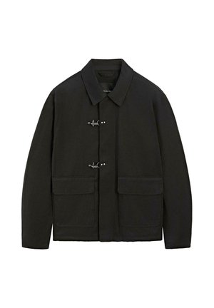 Black jacket featuring a collar, silver toggle fastenings, and two front pockets. It has a straight cut and a matte texture.
