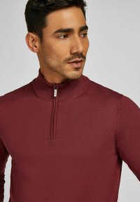 Mann mit kurzem dunklem Haar und leichtem Gesichtsstaub, der einen kastanienbraunen langärmeligen Strickpullover mit einem Viertel-Reißverschluss-Kragen trägt und zur Seite schaut.