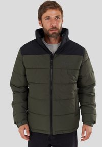 Green puffer jacket with a black upper section, featuring a front zipper, horizontal stitching, and a high collar.