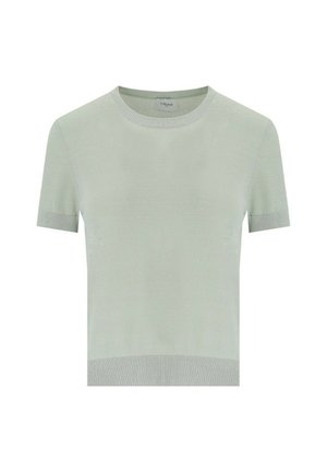 Maglione a maniche corte e collo rotondo in morbido tessuto a maglia verde chiaro, con dettagli a coste sul collo e sull'orlo. Texture liscia, forma aderente.