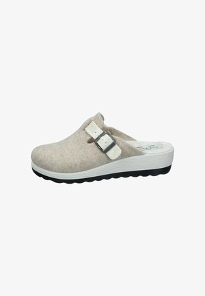 Light beige felt clogs with a white adjustable buckle, a thick white midsole, and a textured black outsole.