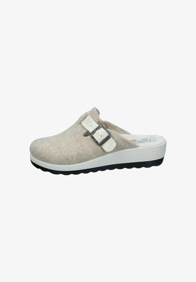 Light beige felt clogs with a white adjustable buckle, a thick white midsole, and a textured black outsole.