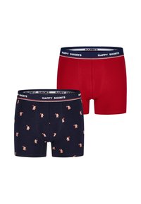 Twee paar heren boxershorts. Leveren één in effen rood, de andere in marineblauw met kleine herhaalde peperkoekmannetjespatronen. Beide hebben een zwarte tailleband.
