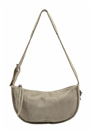 Graue Wildleder-Schultertasche in Halbmondform mit verstellbarem Riemen und Reißverschluss.