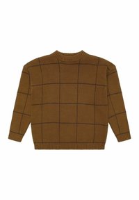 Brązowy sweter z dzianiny z prążkowanym dekoltem typu crew i długimi rękawami. Posiada wzór w kratę wytyczony ciemniejszym brązowym przeszyciem.