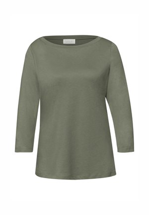 Olivengrøn langærmet skjorte med bådehalsudskæring og afslappet pasform, lavet af glat stof.